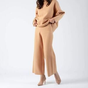 Lucca Couture | Tan Wide Leg High Waist Sweater Knit Pull On Pants